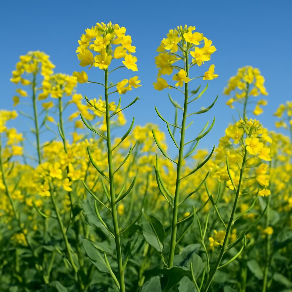 Close-up of vibrant yellow canola flowers and developing seed pods in a commercial field