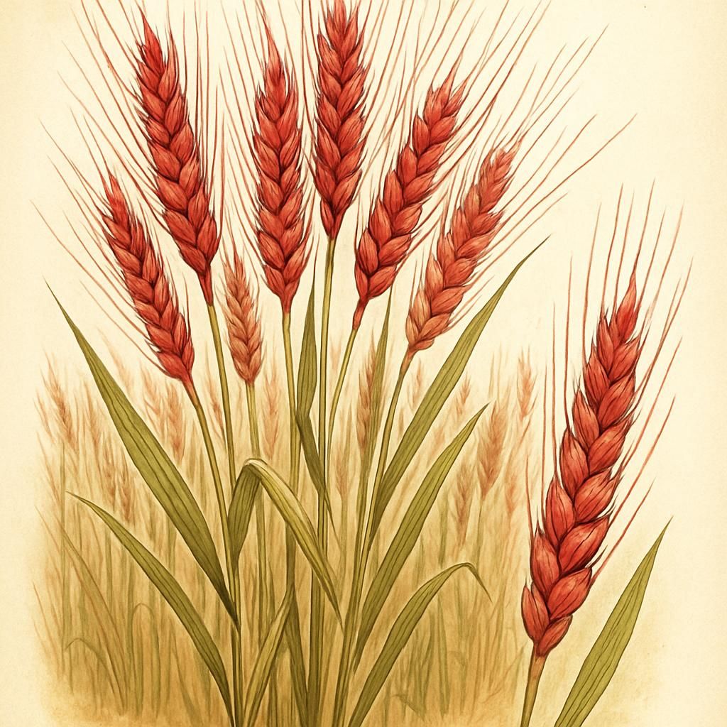Close-up of Red Fife Wheat with reddish grains and green stalks in a sunlit field.
