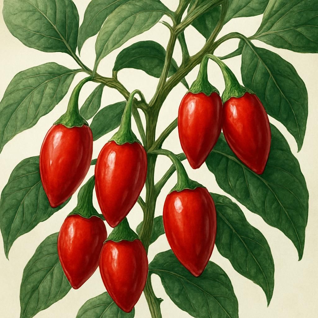 Close-up of ripe red Kampot peppers on the plant showing glossy skin and healthy foliage