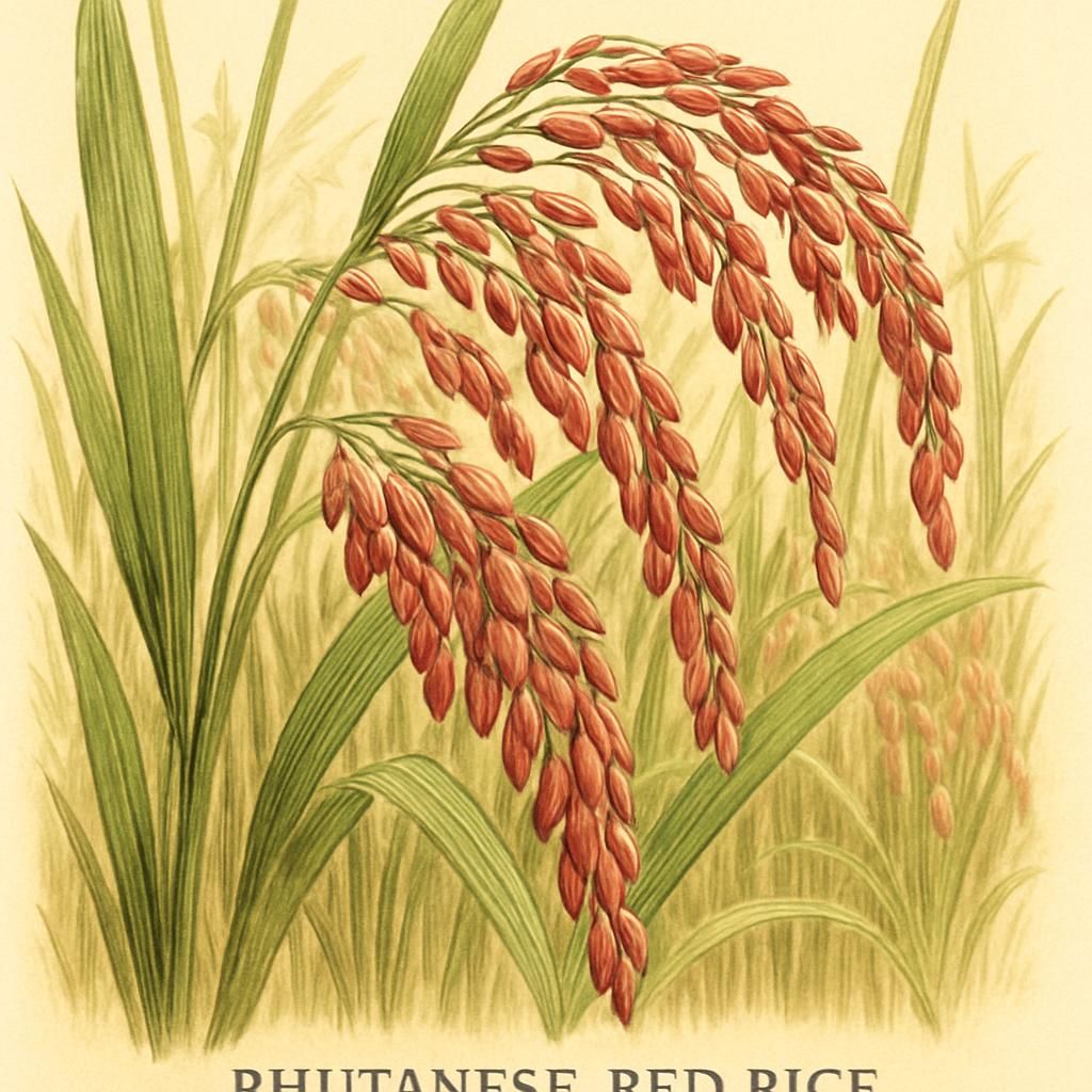 Close-up image of Bhutanese Red Rice plants growing in a high-altitude field.