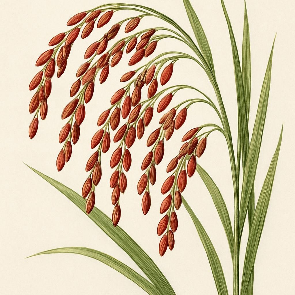 Close-up of Camargue Red Rice grains growing in lush green fields, highlighting unique red hue.