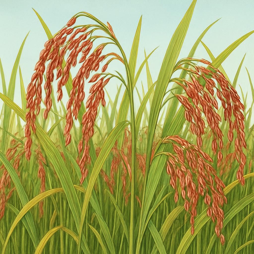 Close-up of mature Red Rice (Rakthashali) stalks with red grains in a lush field.