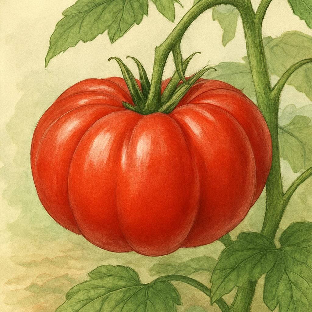 Close-up of ripe Red Stuffer Tomato fruit on vine showing hollow structure and thick walls for stuffing