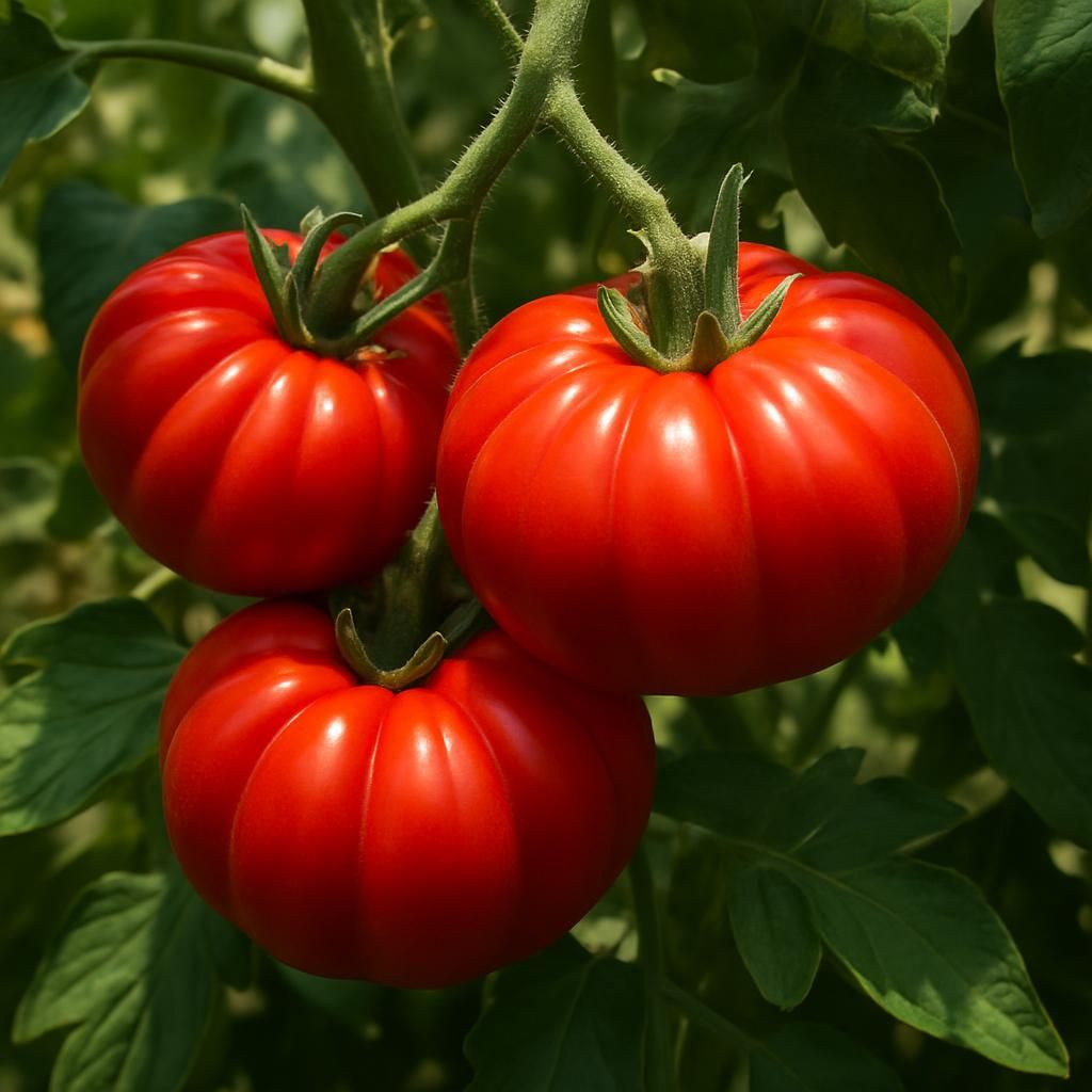 Close-up of segmented red Reisetomate Traveler Tomato fruits on vine with green leaves