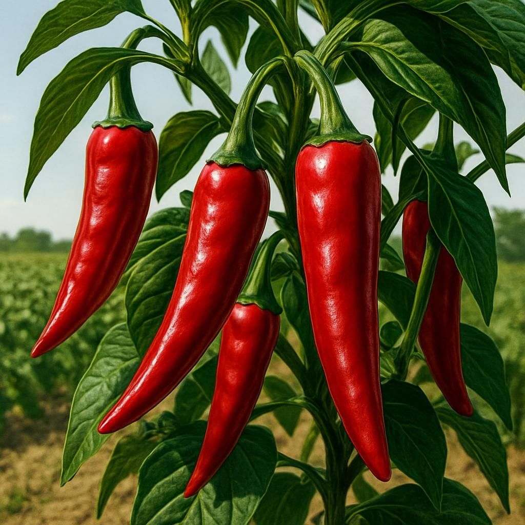 Close-up of vibrant red Resham Patti Chili pods growing on a healthy plant in sunlight