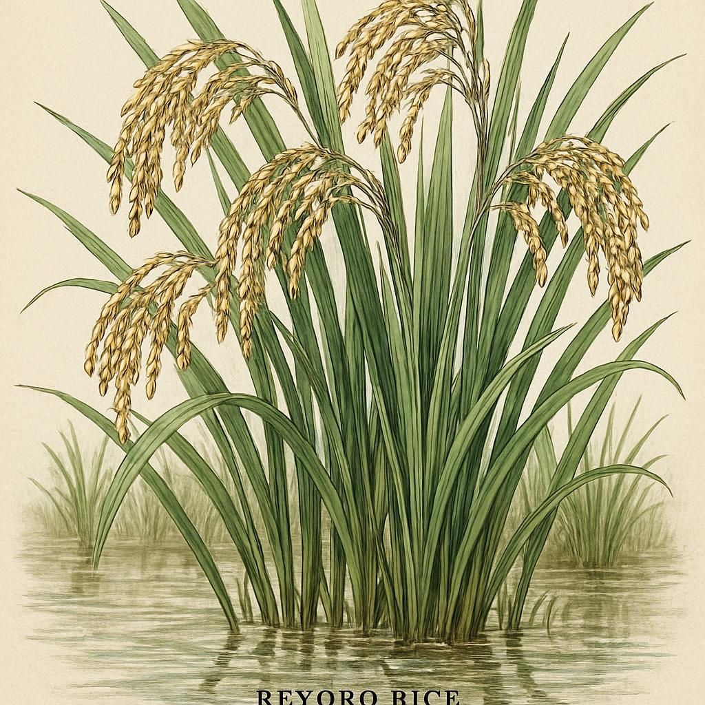 Rexoro Rice plants in a lush paddy field under optimal growth conditions.