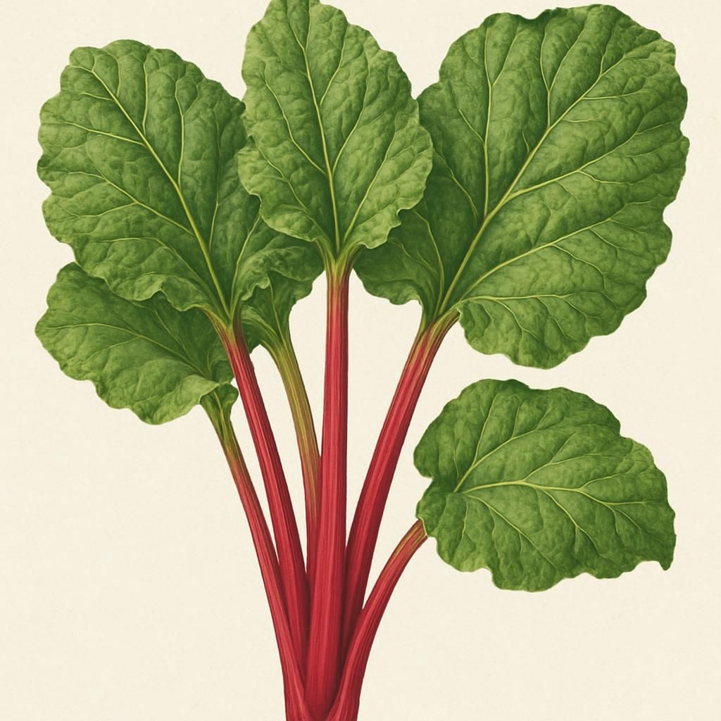 Close-up of Rhubarb (Crimson Cherry) with vivid red stalks, green leaves, and loamy soil.