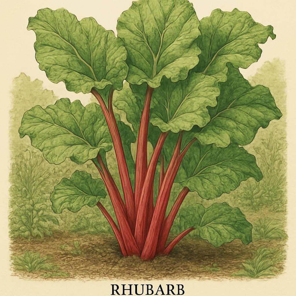 Close-up of vibrant red stalked Rhubarb Glaskin’s Perpetual in a lush garden setting.