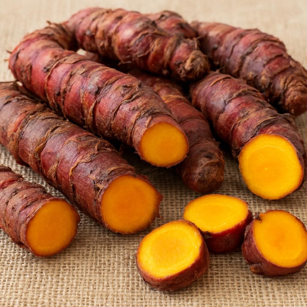 Freshly harvested Rhubarb Root (Turkey) rhizomes displaying characteristic reddish-brown skin and golden interior