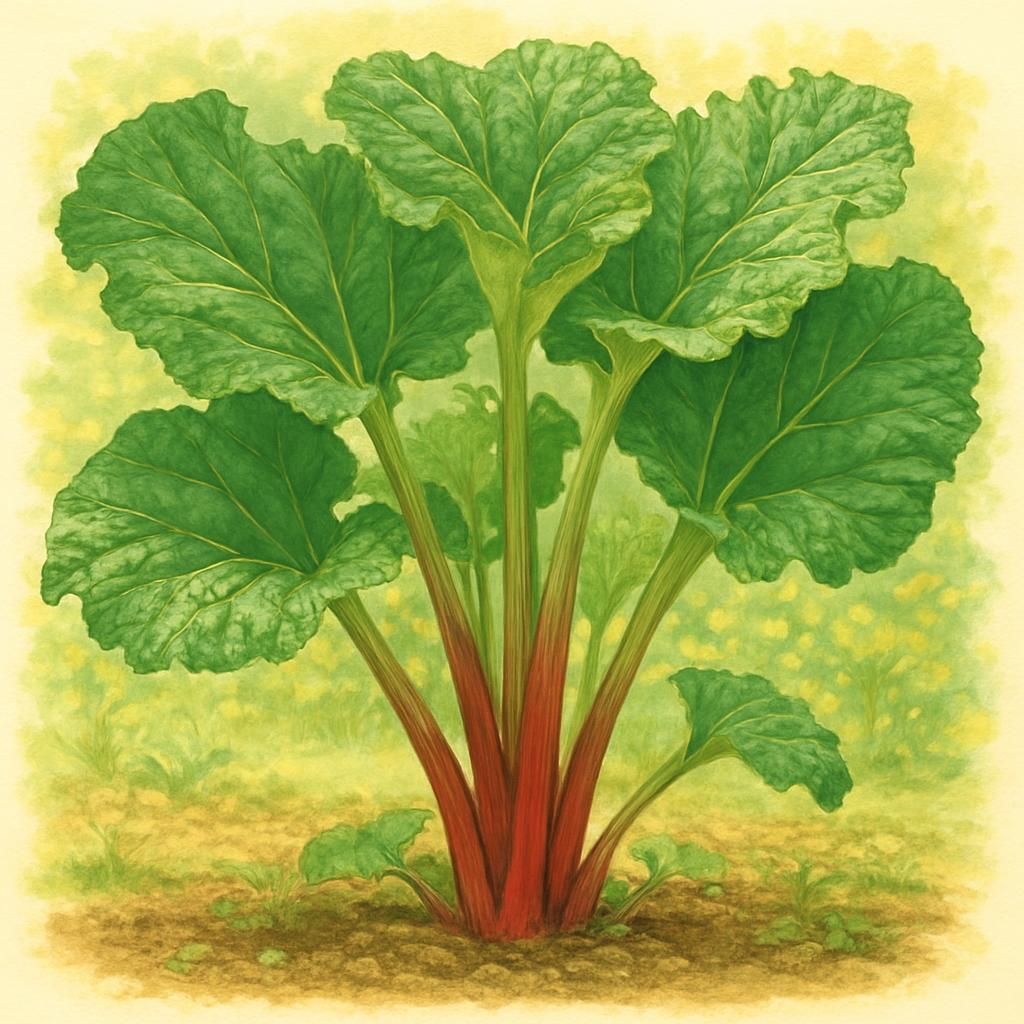 Close-up of Rhubarb (Victoria) stalks with vibrant green and red, in a garden setting.