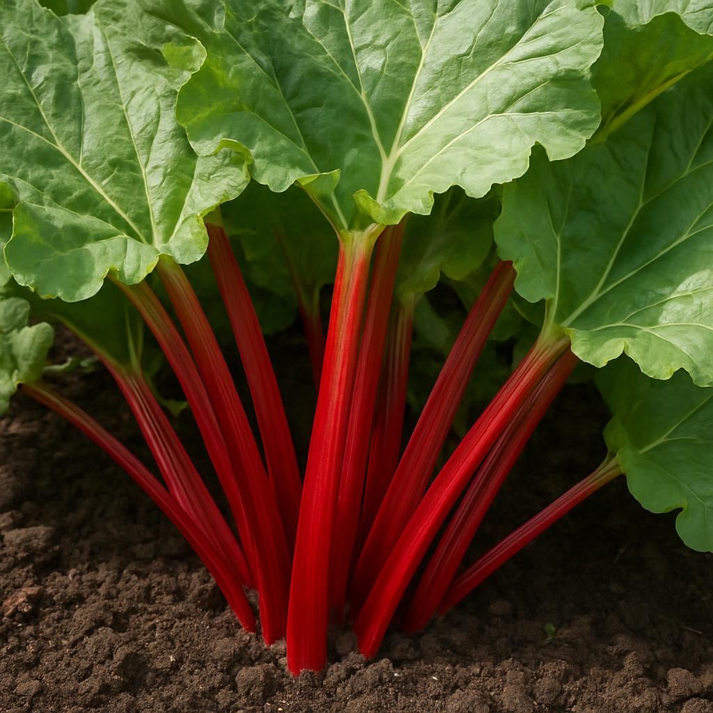 Close-up of fresh red rhubarb stalks and large green leaves in fertile garden soil