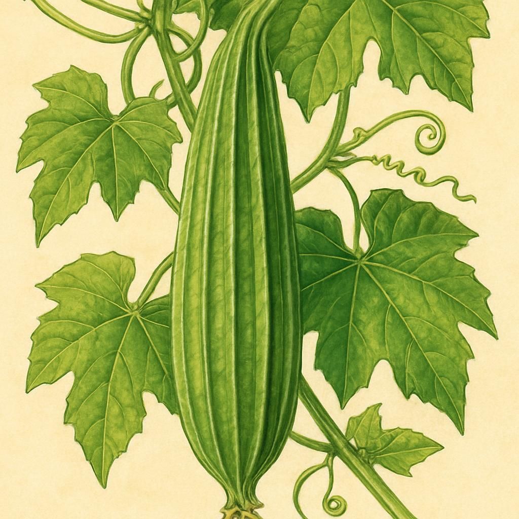 Close-up of Ridge Gourd (Luffa acutangula) on the vine with prominent ridges.