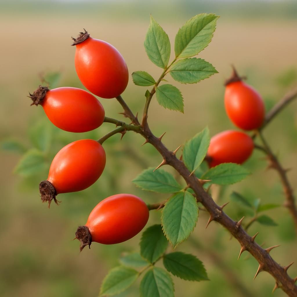 Close-up of ripe red rose hips on Rosa canina shrub ready for harvest