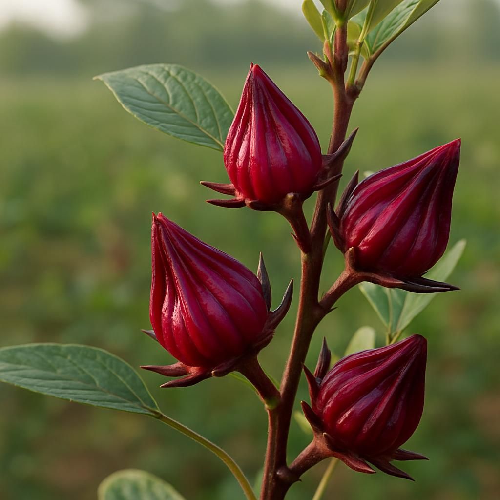 Close-up of ripe red roselle calyces ready for harvest on Hibiscus sabdariffa plant