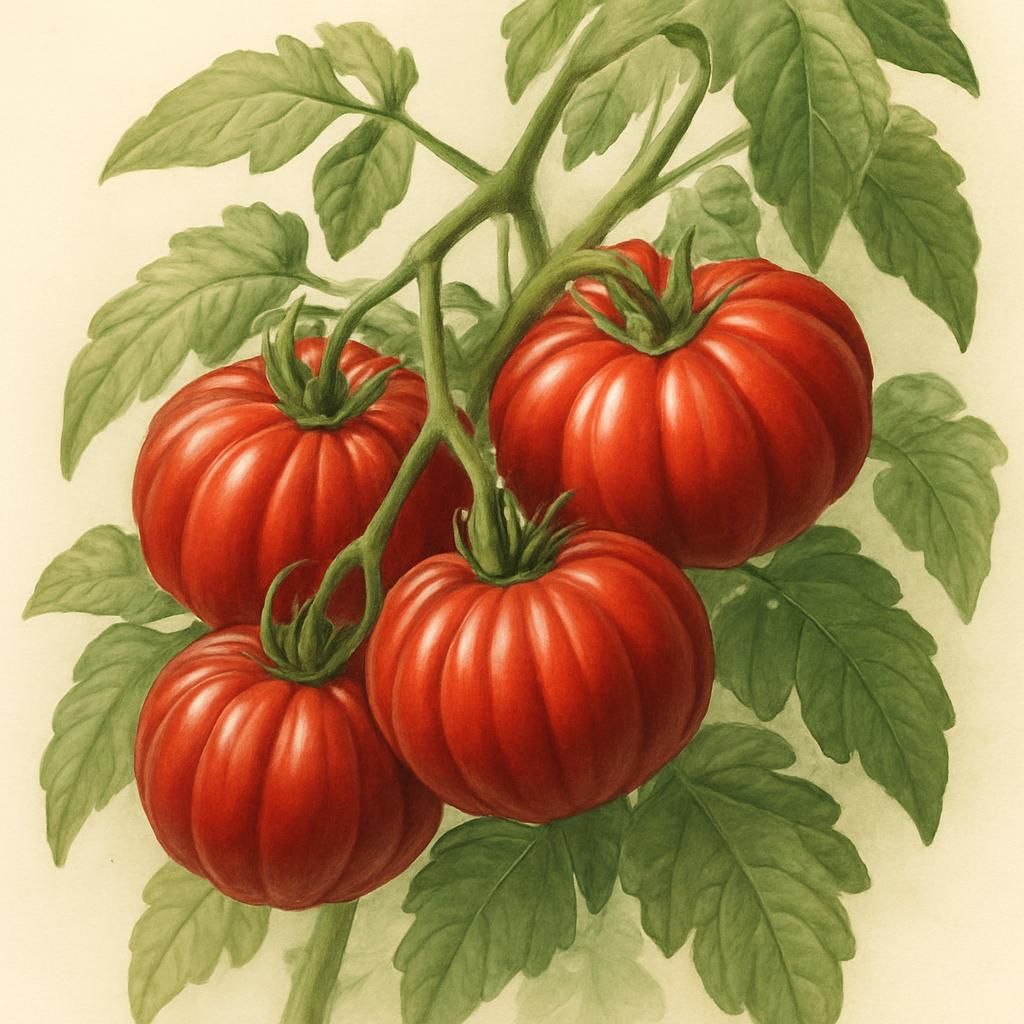 Ripe ribbed Rosso Sicilian tomatoes growing on healthy vines in a sunny garden