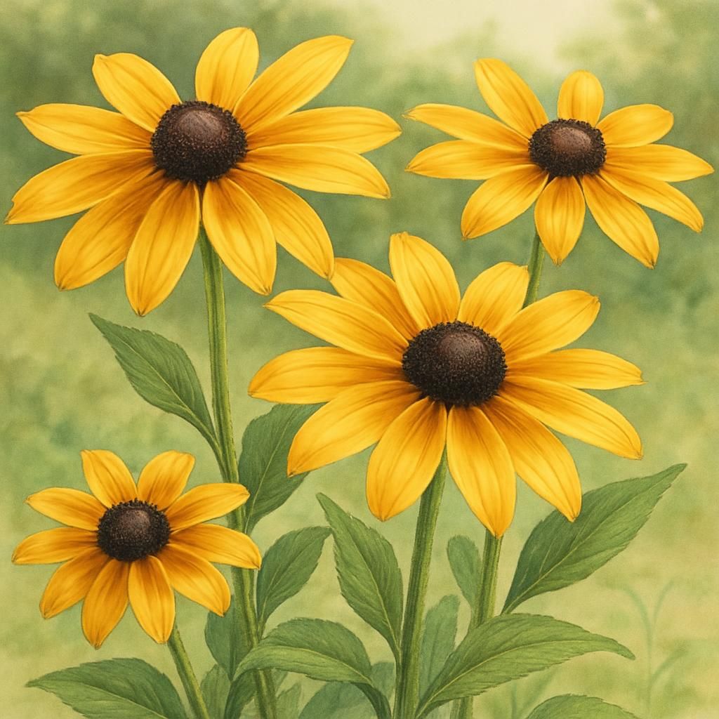 Close-up of blooming rudbeckia black-eyed Susan flowers with golden petals and dark cones in a sunny garden