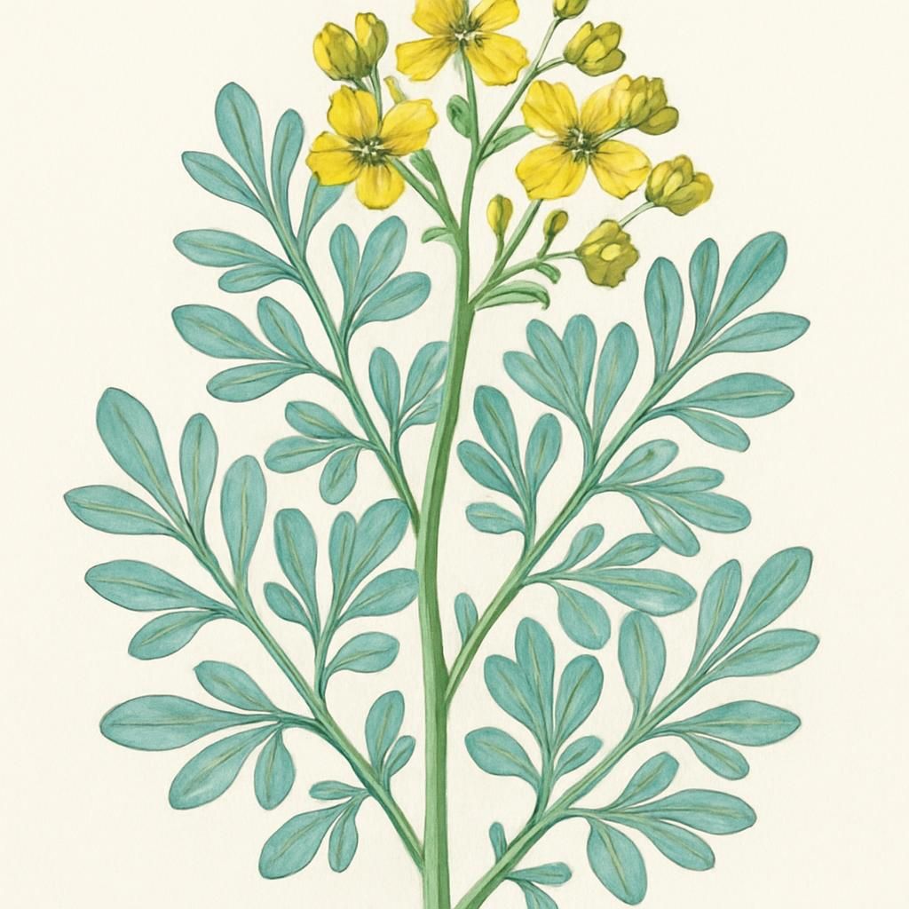 Close-up of rue plant with blue-green foliage and yellow flowers for growing guide header