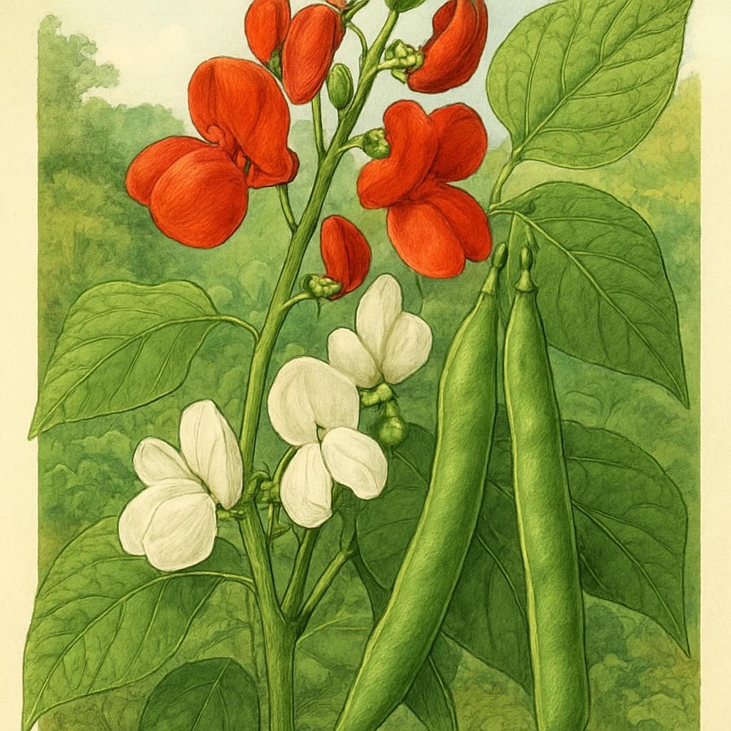 Runner Bean Painted Lady with red and white flowers and green pods in a garden.