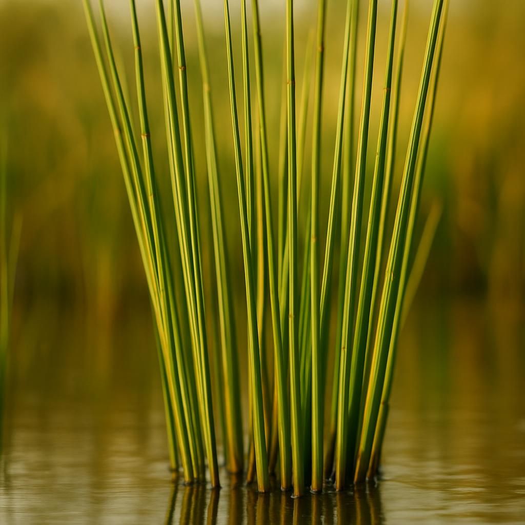 Close-up of vibrant green rushes stems in wetland setting for agricultural growing guide