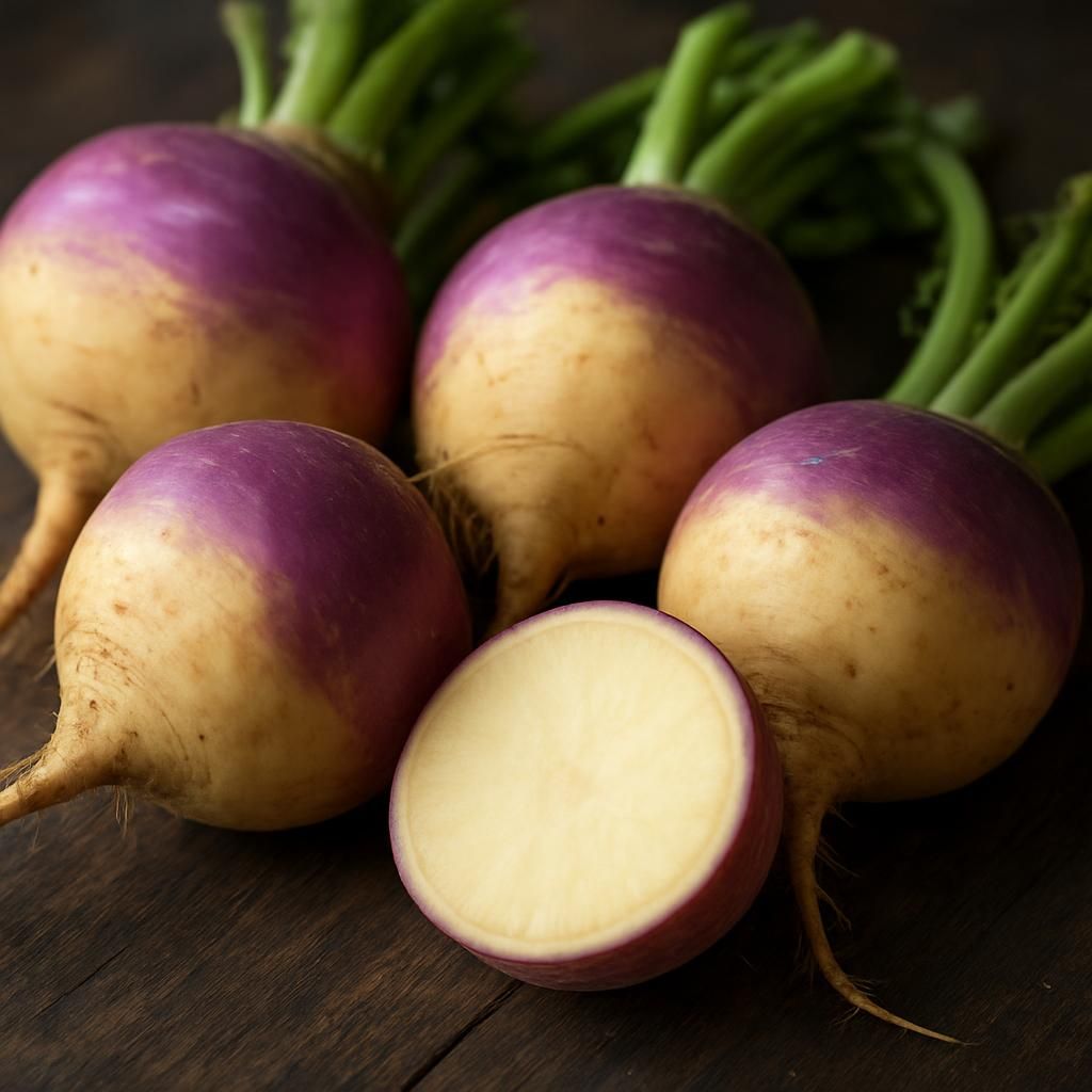 American Purple Top rutabaga roots showing purple shoulders and yellow flesh on wooden surface