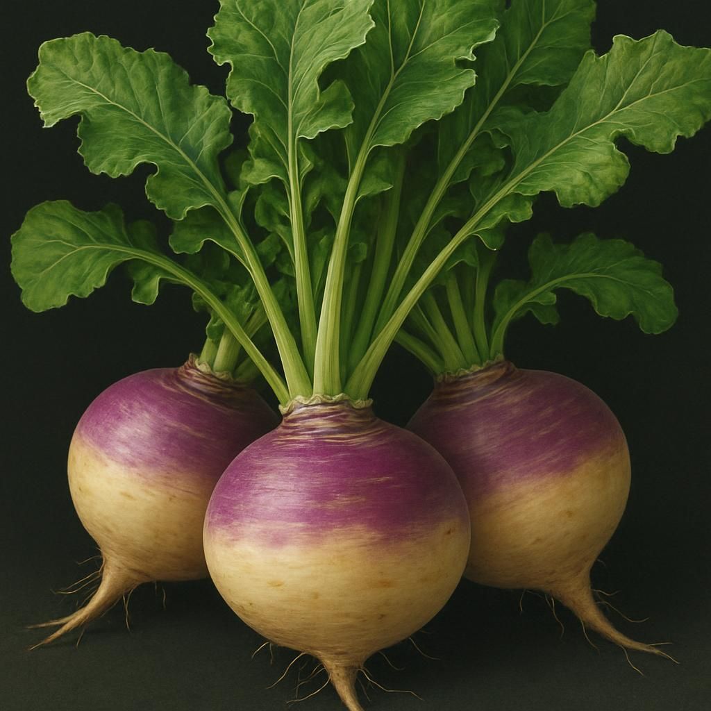 Close-up of Rutabaga Joan roots showing smooth skin and purple tops for professional growing guide