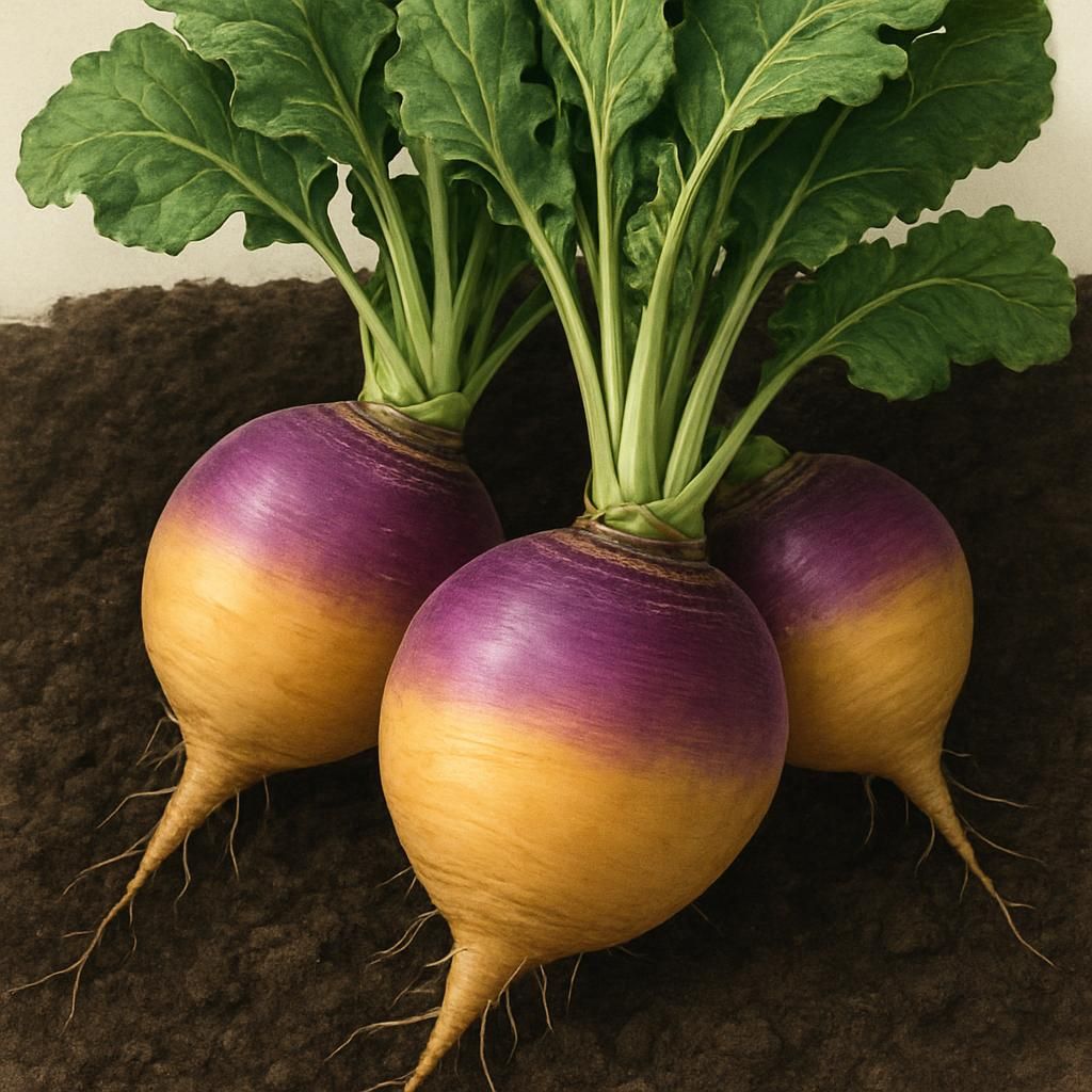 Freshly harvested Laurentian rutabaga roots showing purple shoulders and sweet yellow flesh
