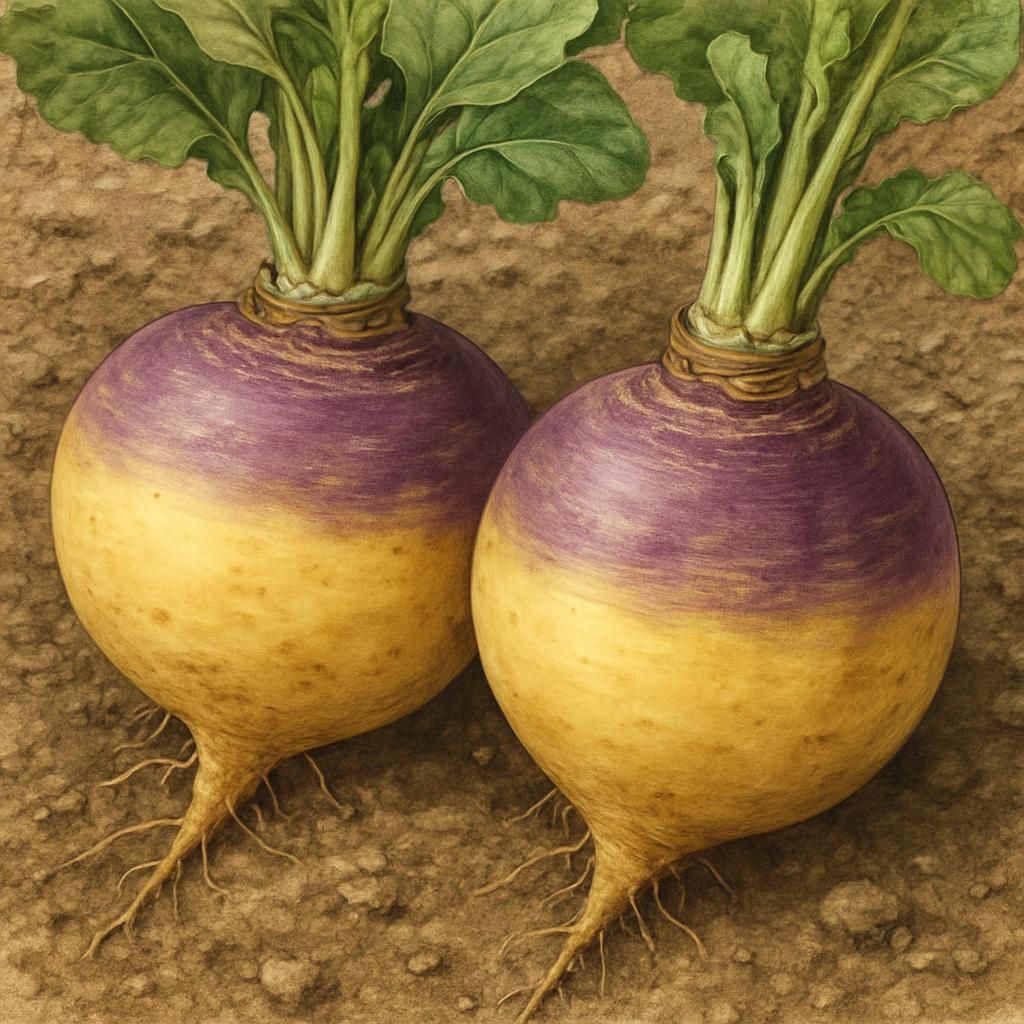 Freshly harvested Rutabaga (Marian) roots showing smooth skin and yellow flesh on clean soil background