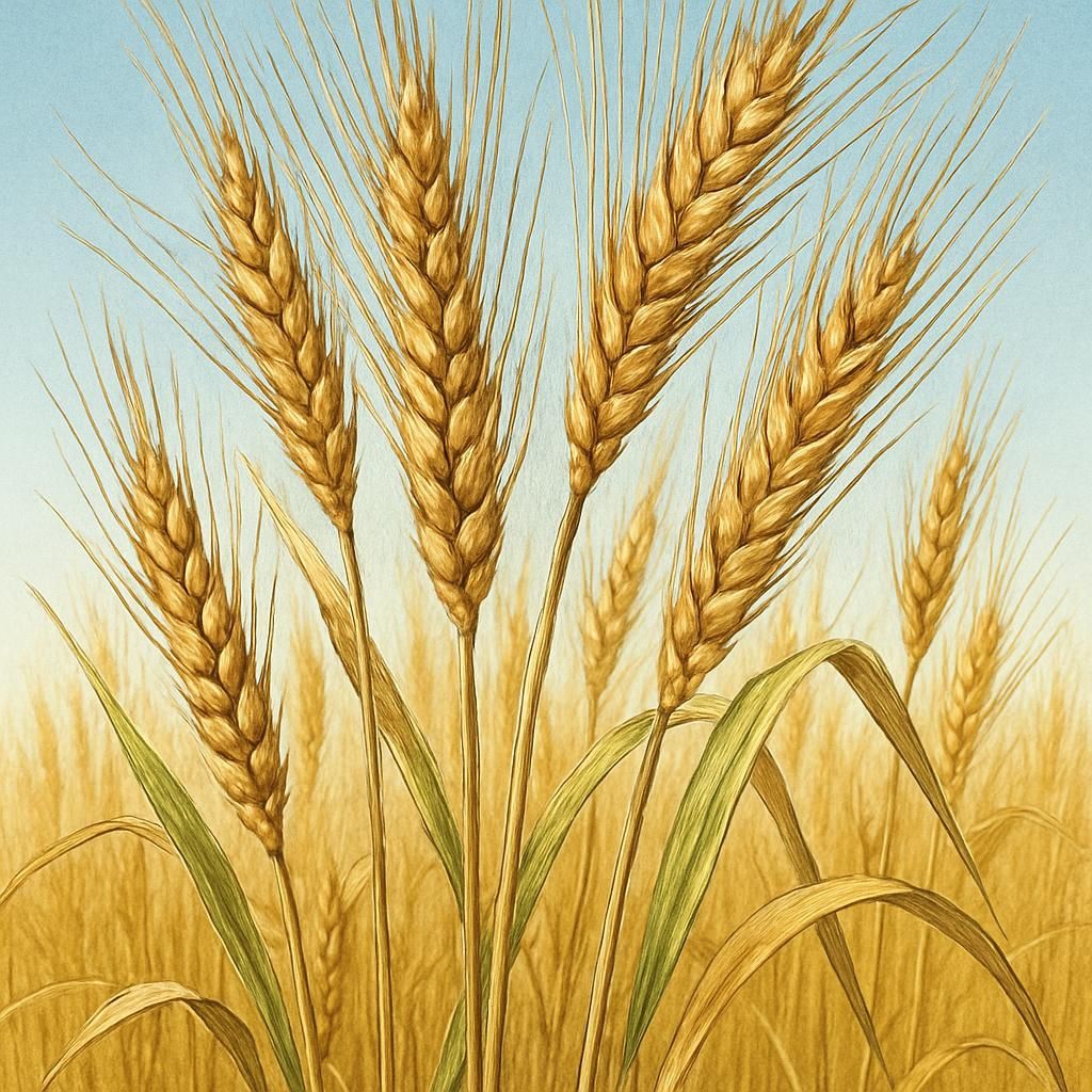 Close-up of Dankowskie rye spikes with golden seeds in an open field under sunny skies.