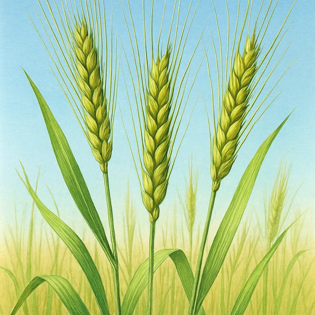 Close-up of Rye (Gazelle) growing in a field, showcasing its green stalks and grain heads.