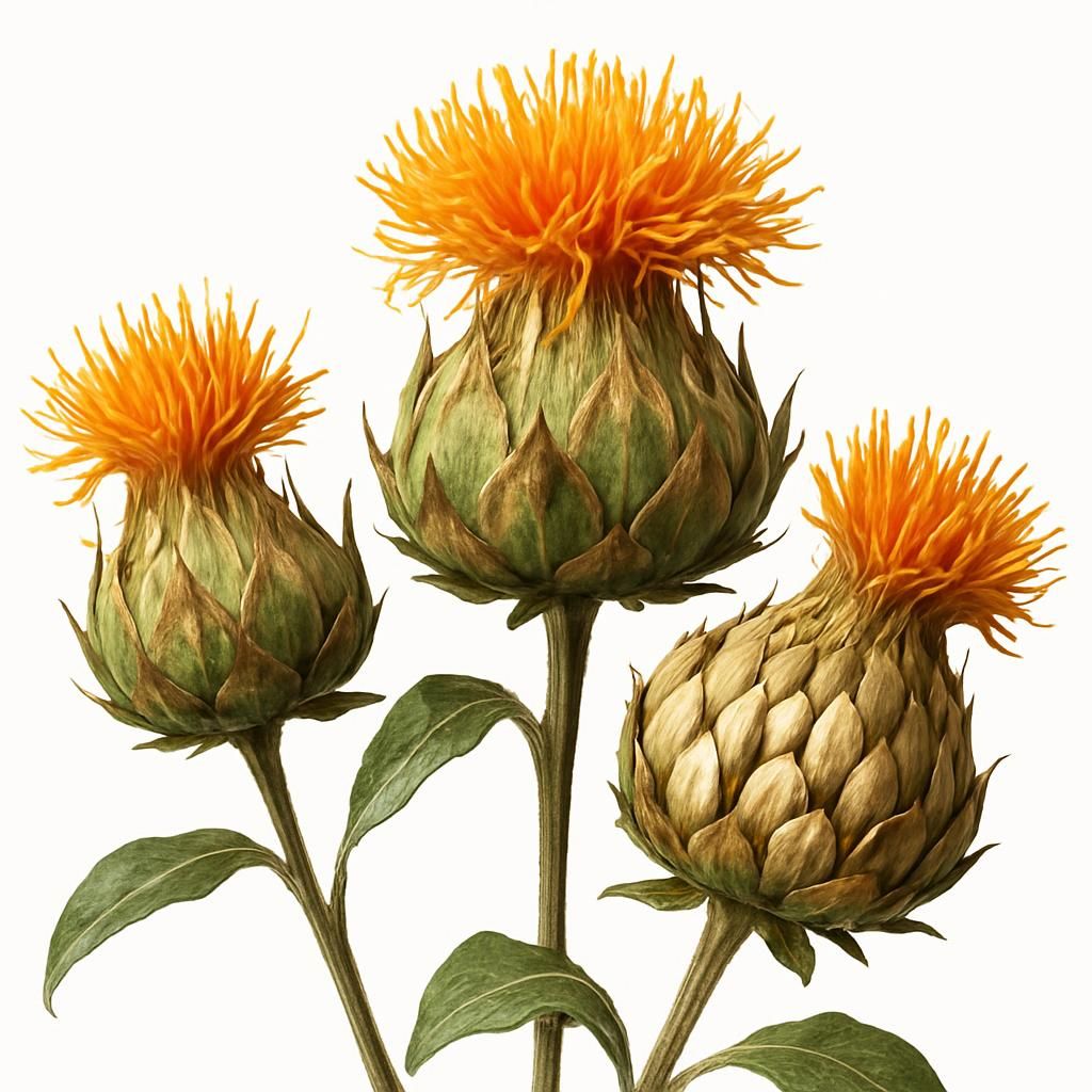 Close-up of safflower seed heads showing golden florets and seeds ready for harvest