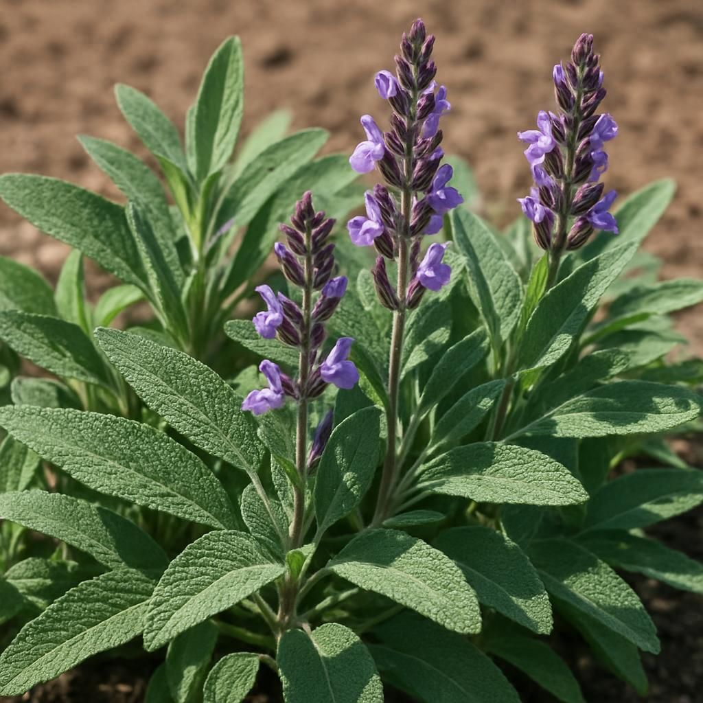 Close-up of thriving sage plant with aromatic gray-green leaves and purple blooms in a sunny herb garden.