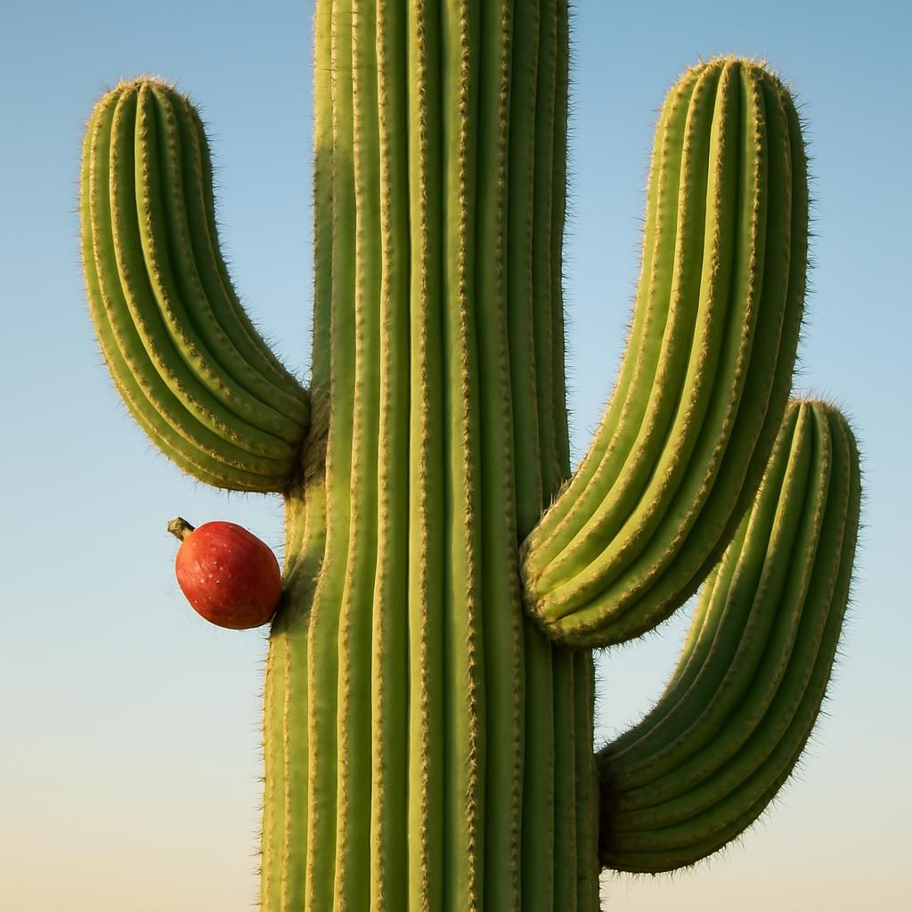 Mature saguaro cactus with arms and ripe red fruit in Sonoran Desert landscape