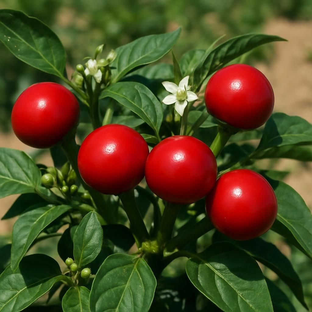 Close-up of glossy red round Salem Gundu Chili peppers on healthy plant