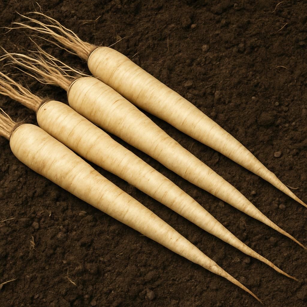 Freshly harvested Mammoth Sandwich Island salsify roots showing long white tapered taproots