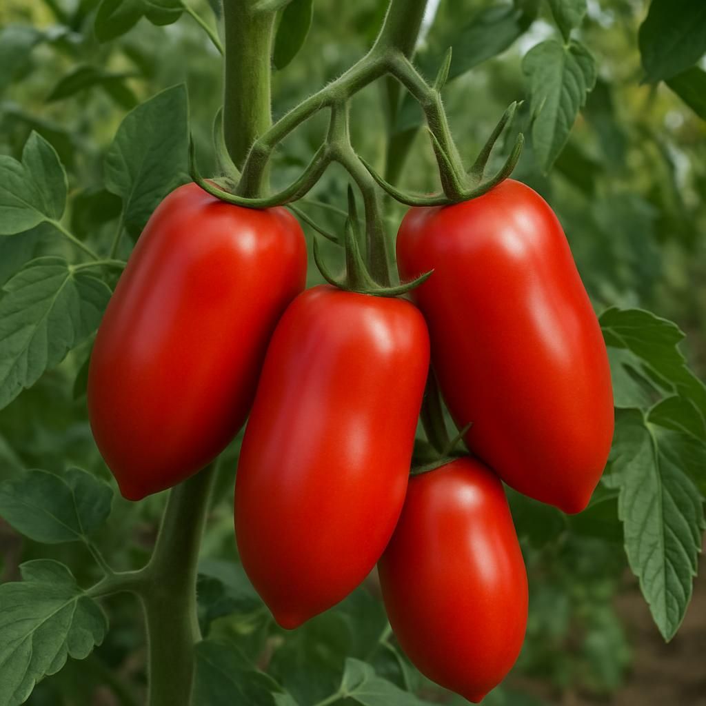 Ripe San Marzano II tomatoes on vine showing elongated shape and deep red color for sauce production