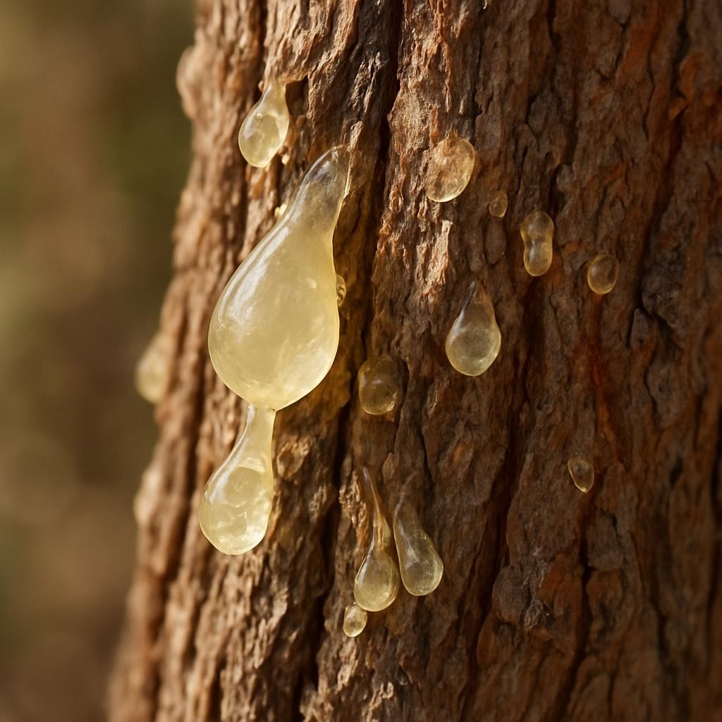 Close-up of pale yellow sandarac resin tears on Tetraclinis articulata bark under Mediterranean sunlight