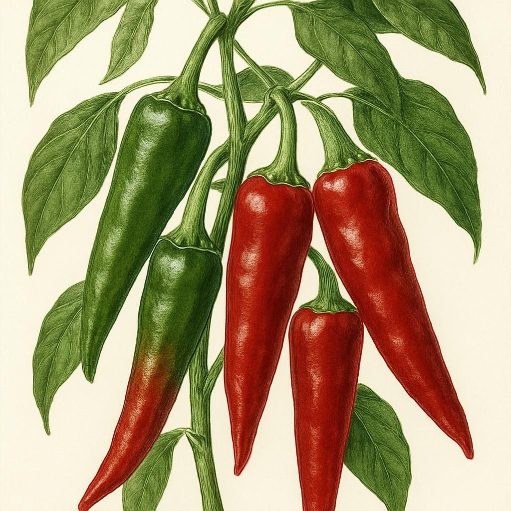 Close-up of vibrant Sandia Chili peppers on a plant, showcasing deep red and green hues.