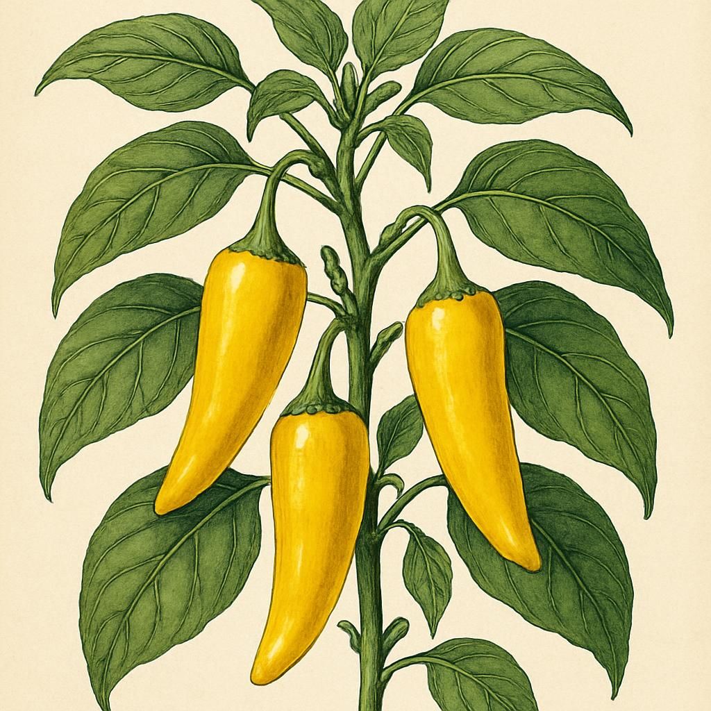 Close-up of Santa Fe Grande peppers with vibrant yellow color and glossy green leaves.