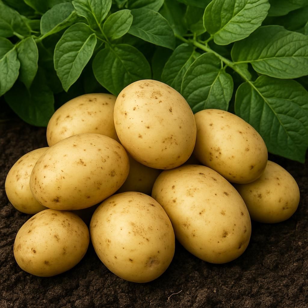Close-up of large, floury Sarpo Mira potatoes with pale-yellow skin and shallow eyes on garden soil