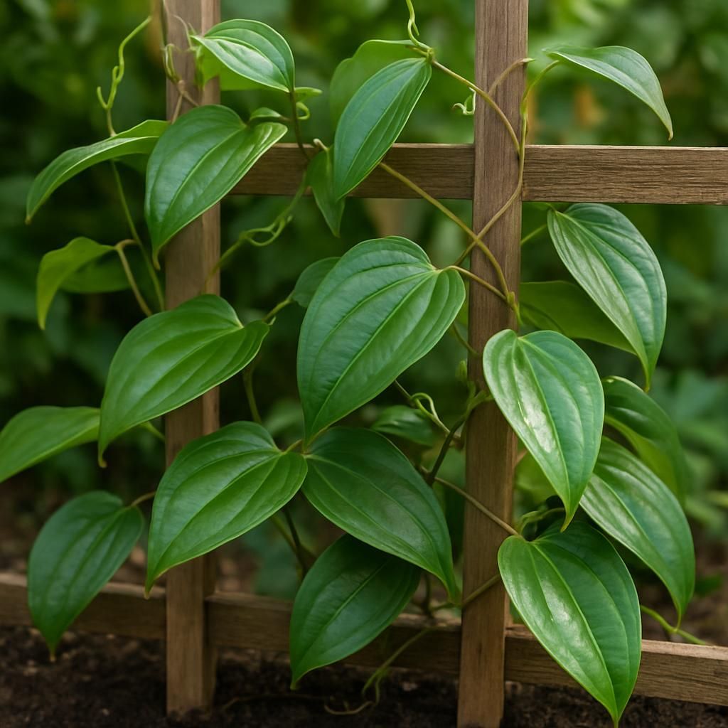 Close-up of thriving Sarsaparilla (Smilax) vines on trellis with lush foliage and healthy rhizome zone