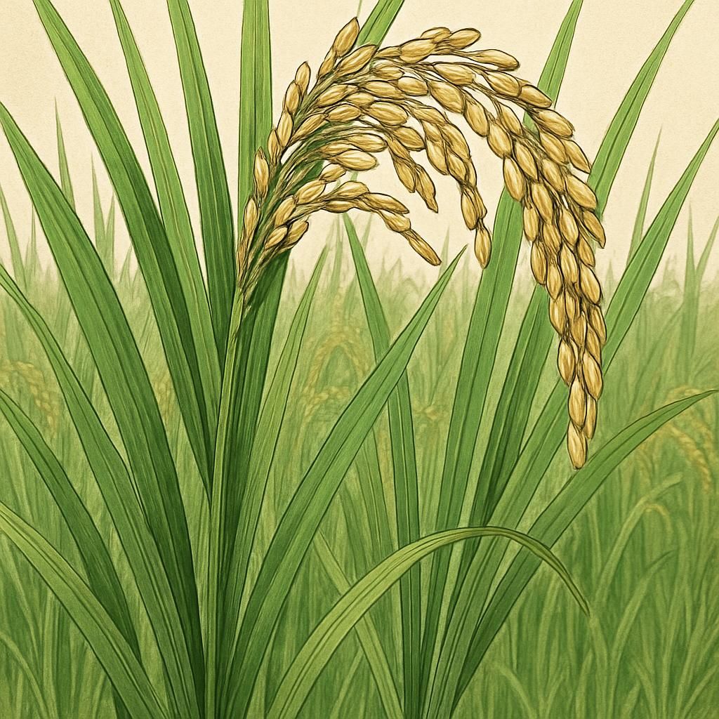 Close-up of Sasanishiki Rice plant in a paddy, showcasing vibrant green leaves and grain heads.