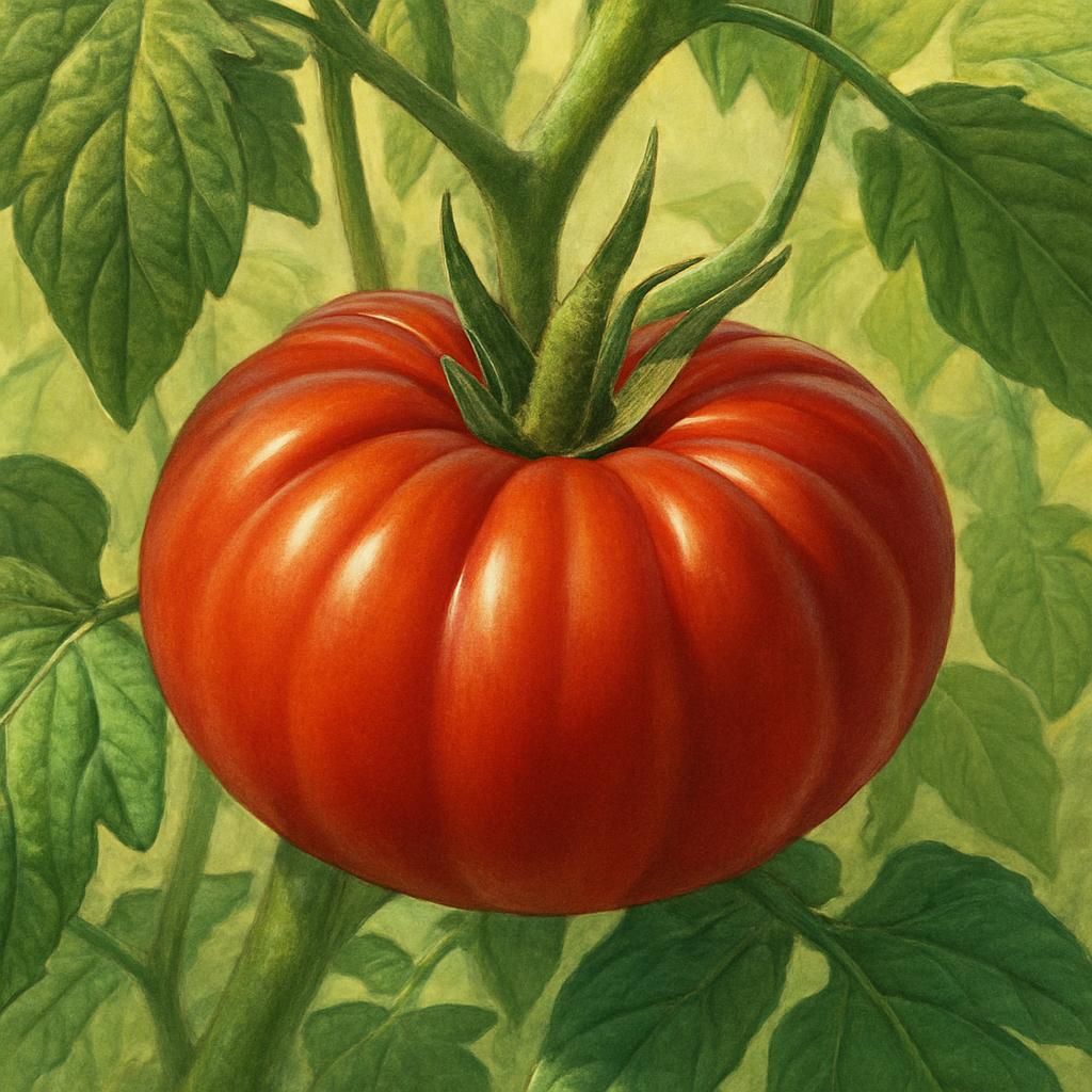 Ripe Schimmeig Stoo Tomato fruit on vine showing ribbed shoulders and rich red color