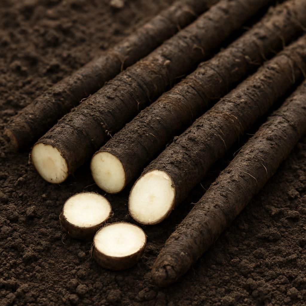 Close-up of black salsify roots showing dark skin and white flesh ready for culinary use