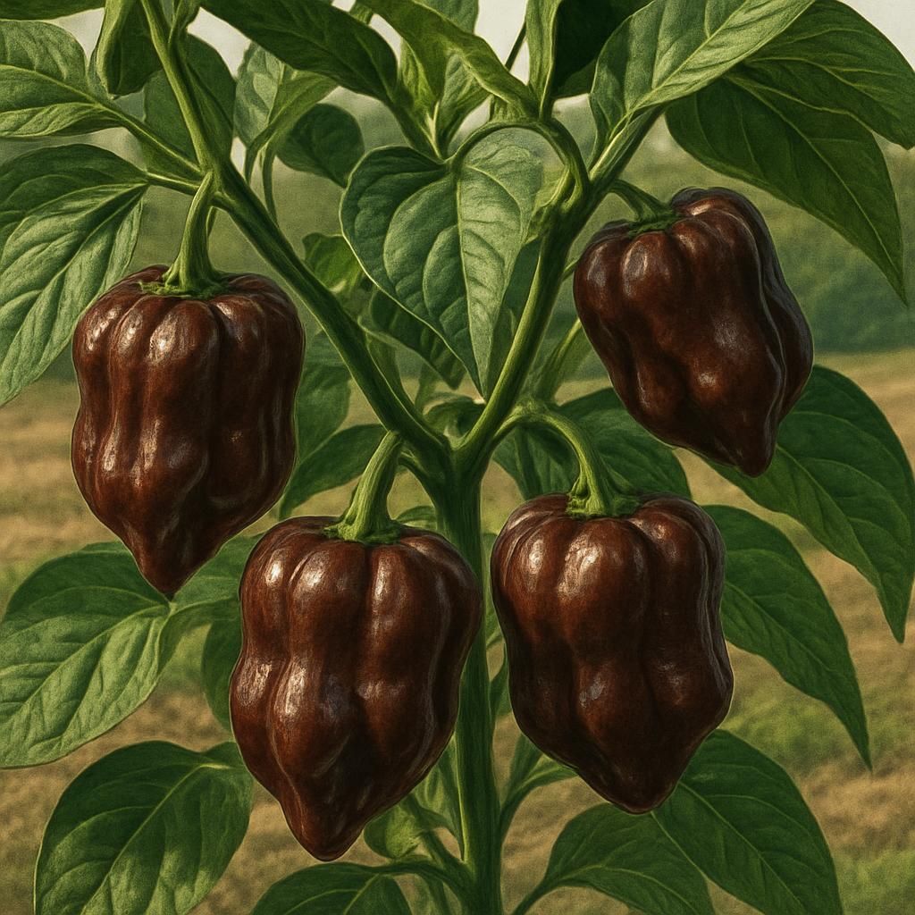 Ripe chocolate Scotch Bonnet peppers growing on bush for professional crop guide