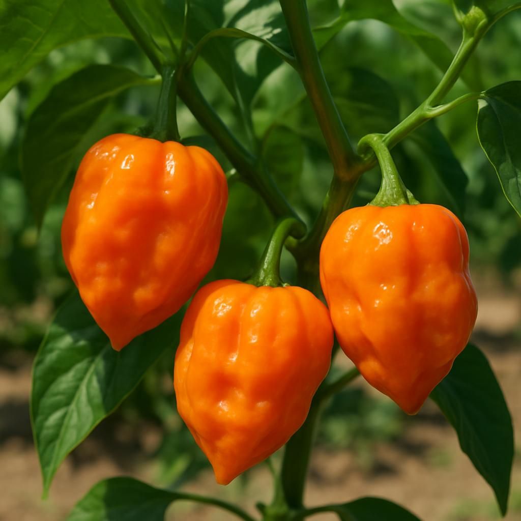 Vibrant orange Scotch Bonnet Freeport Orange peppers on bush ready for harvest