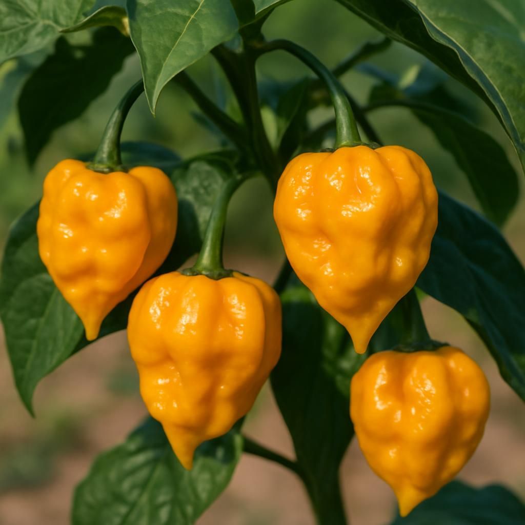 Ripe golden Scotch Bonnet Papa Joe's peppers growing on healthy plant with wrinkled lantern shape