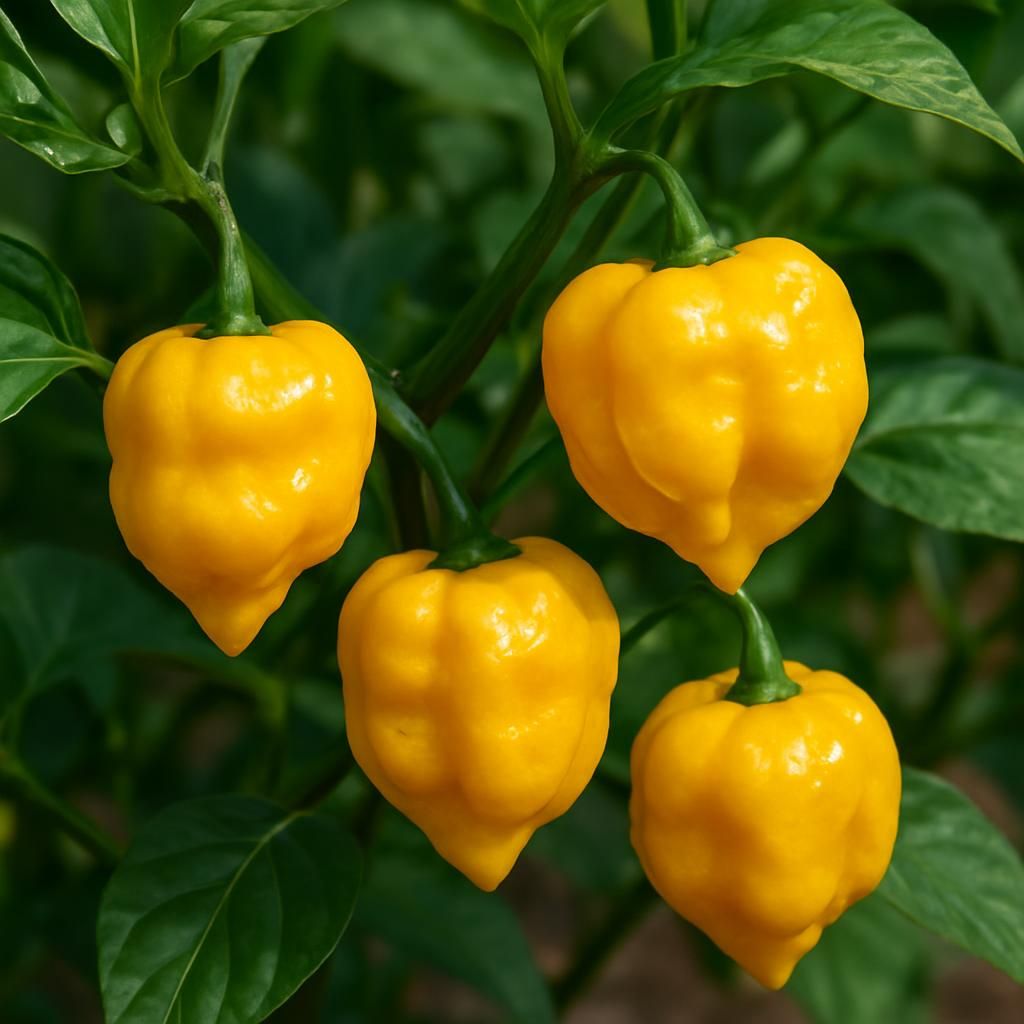 Close-up of ripe yellow Scotch Bonnet peppers on plant for growing guide header