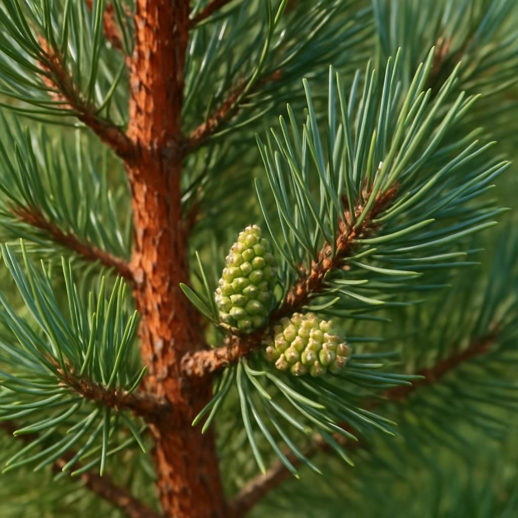 Close-up of Scots Pine showing reddish bark and blue-green paired needles