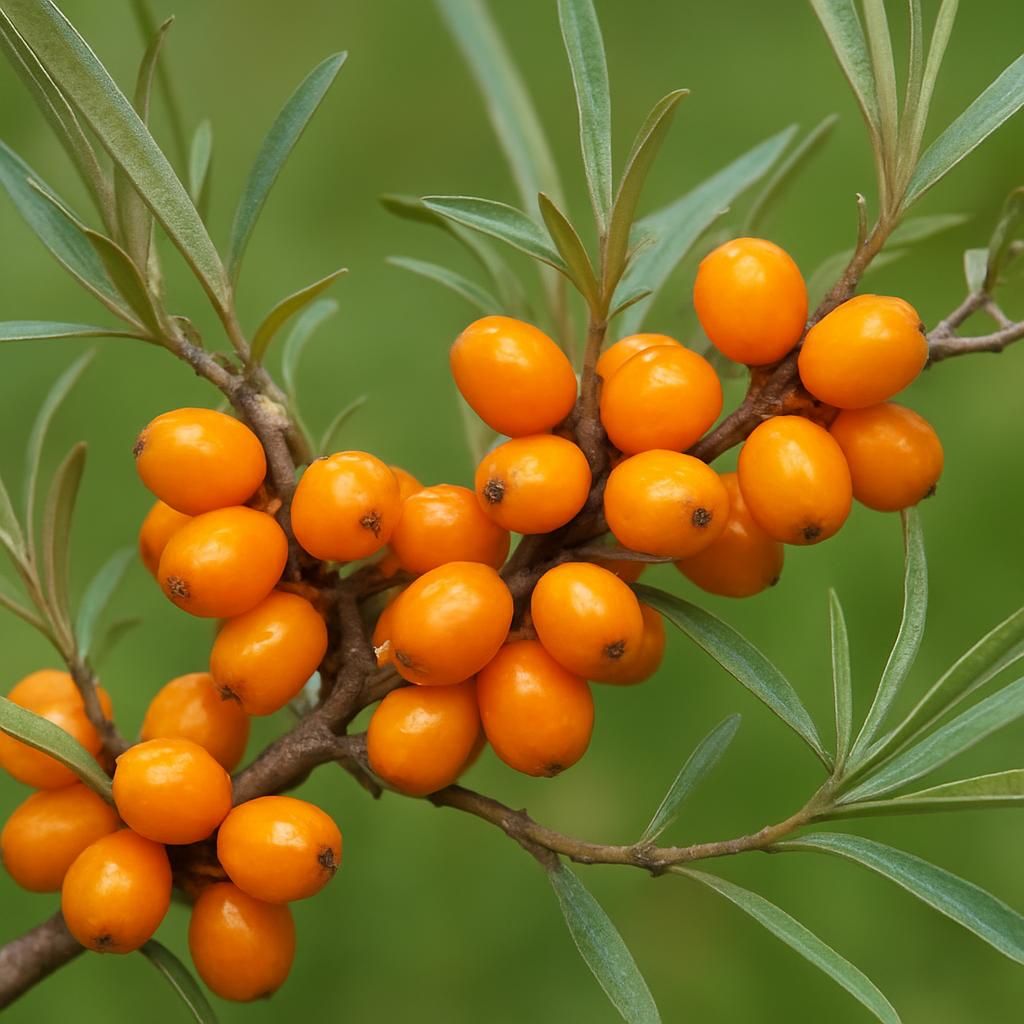 Close-up of ripe sea buckthorn berries on thorny branches ready for harvest