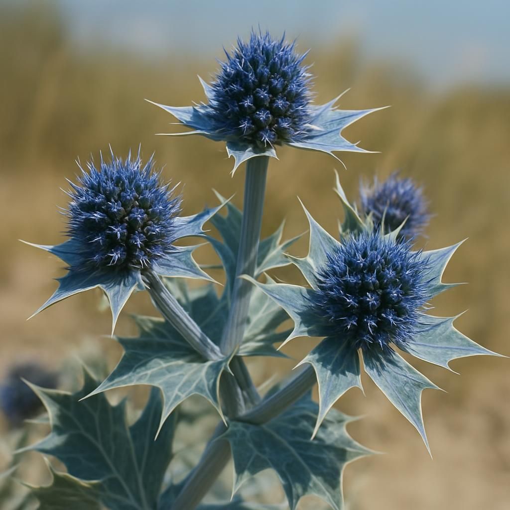 Close-up of metallic blue Sea Holly flowers and spiny foliage in coastal sunlight